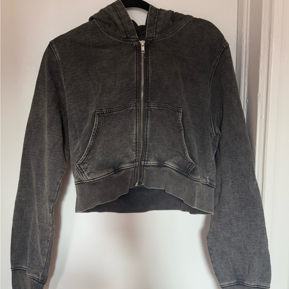Good American Charcoal Cropped Hoodie Jacket